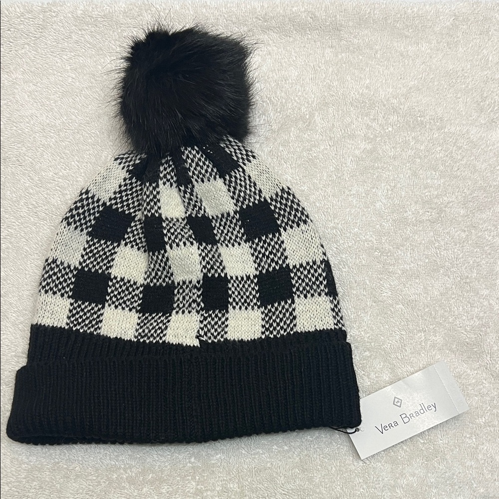 Vera Bradley Black White Pom Beanie winter hat buffalo checkered NWT womens cozy